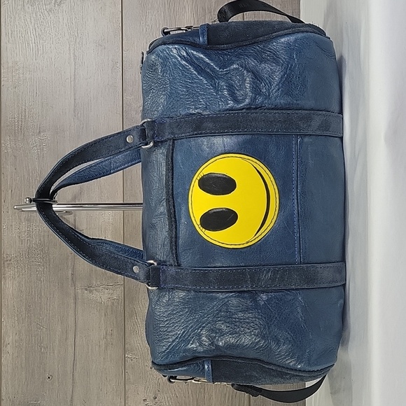 MU Sports Navy Leather Happy Face Small Duffle Shoulder Bag - Picture 2 of 12